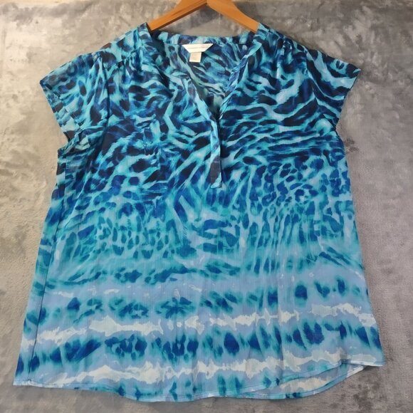 Christopher & Banks Womens Top Large Blue Ombre Animal Print Blouse Sheer Vibe - Picture 1 of 8
